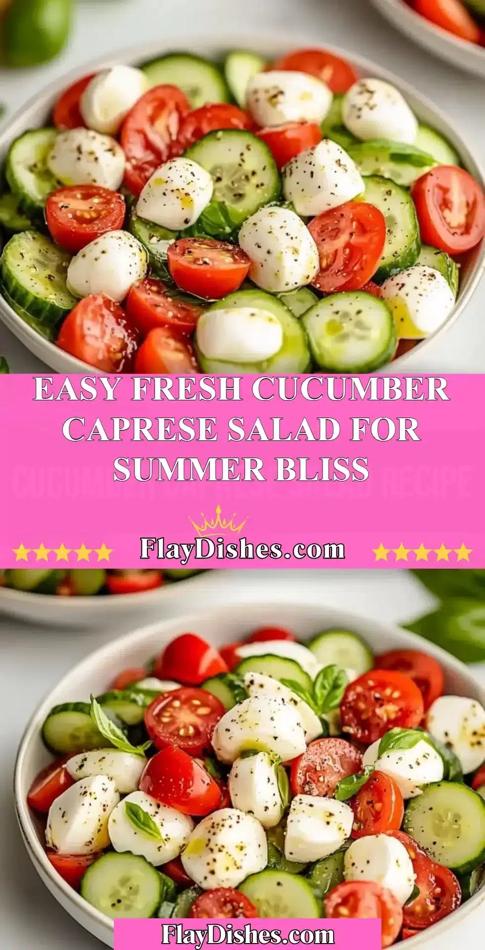 Fresh cucumber caprese salad with mozzarella and basil on a summer plate