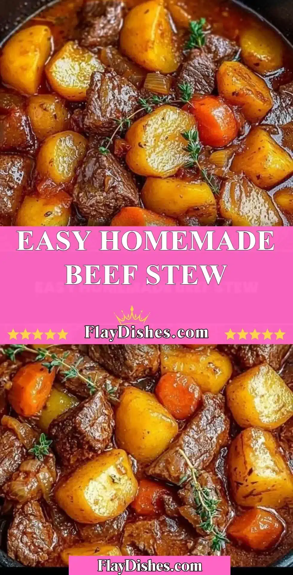 Bowl of easy homemade beef stew with vegetables and herbs