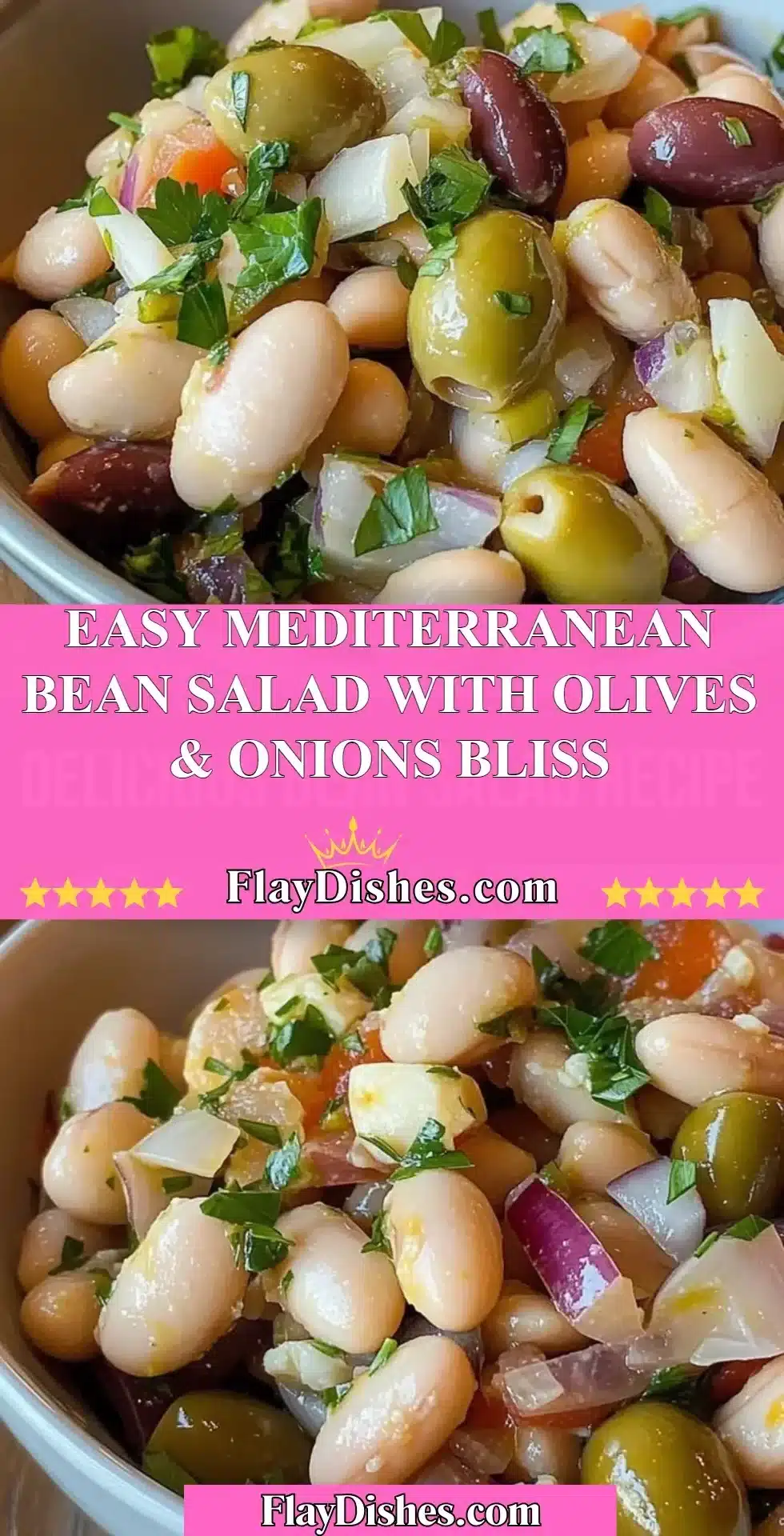 Colorful Mediterranean Bean Salad with Olives and Onions in a Bowl