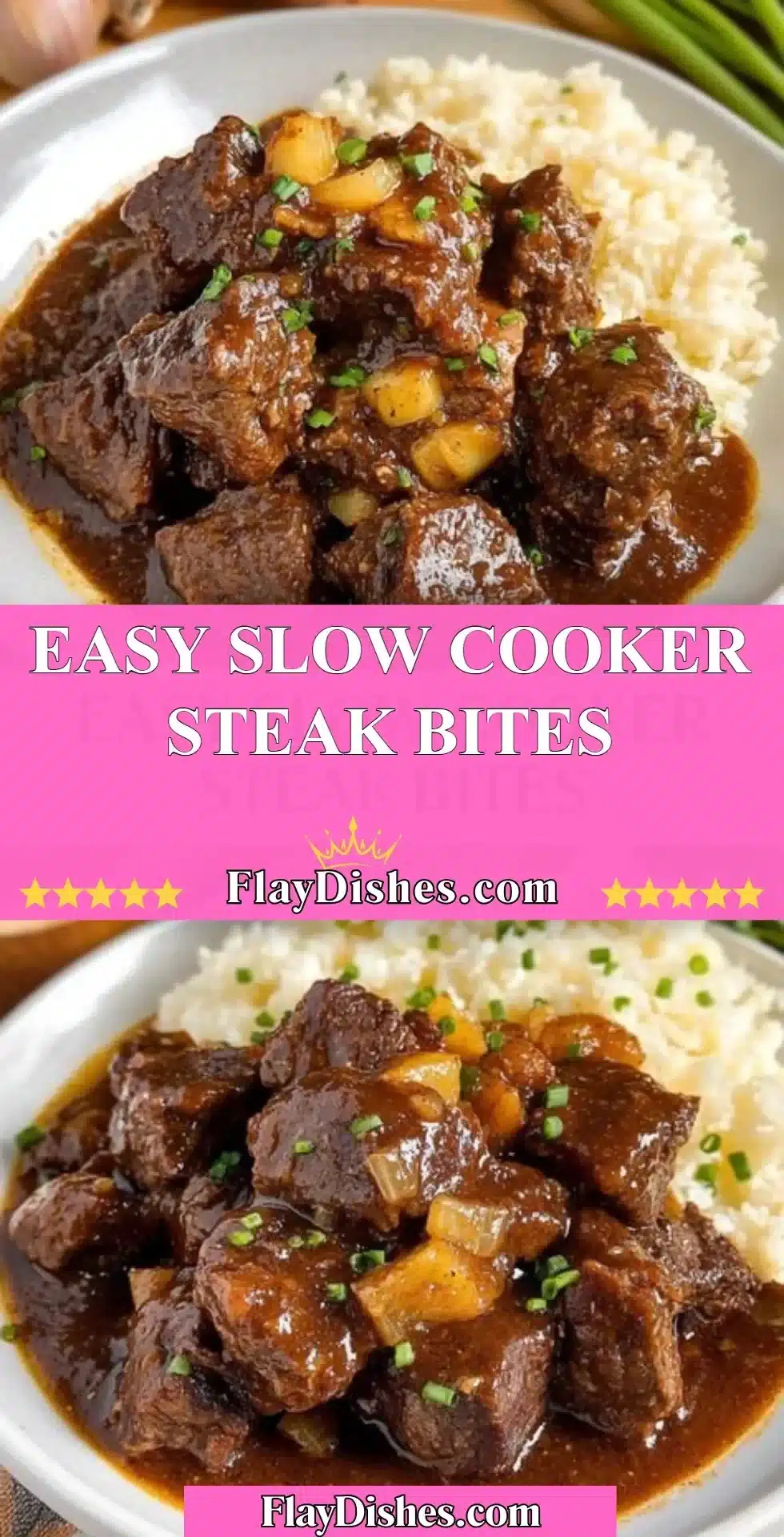 Delicious slow cooker steak bites ready to serve with a garnish.