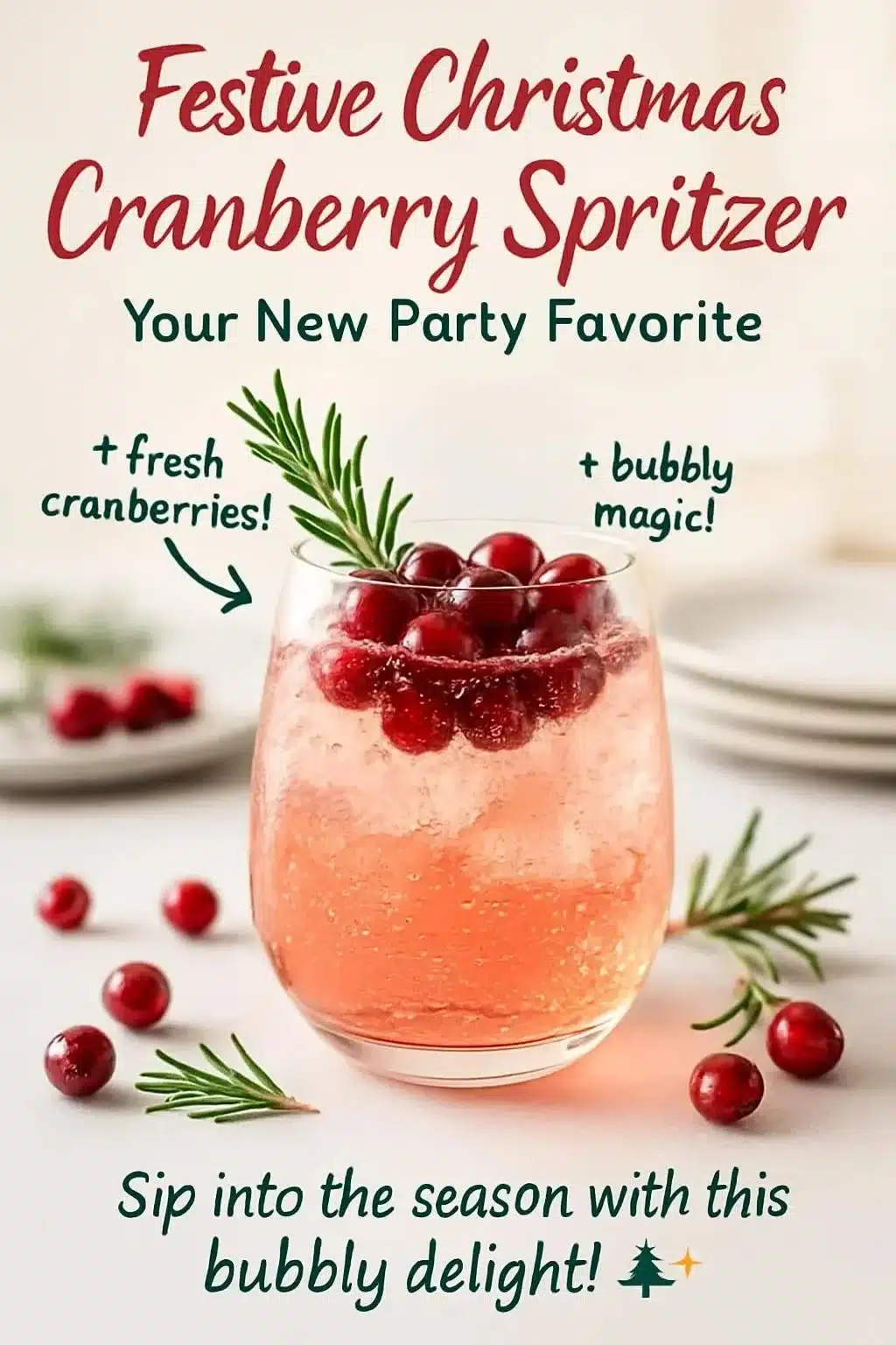 Festive Christmas Cranberry Spritzer served in a glass with garnishes