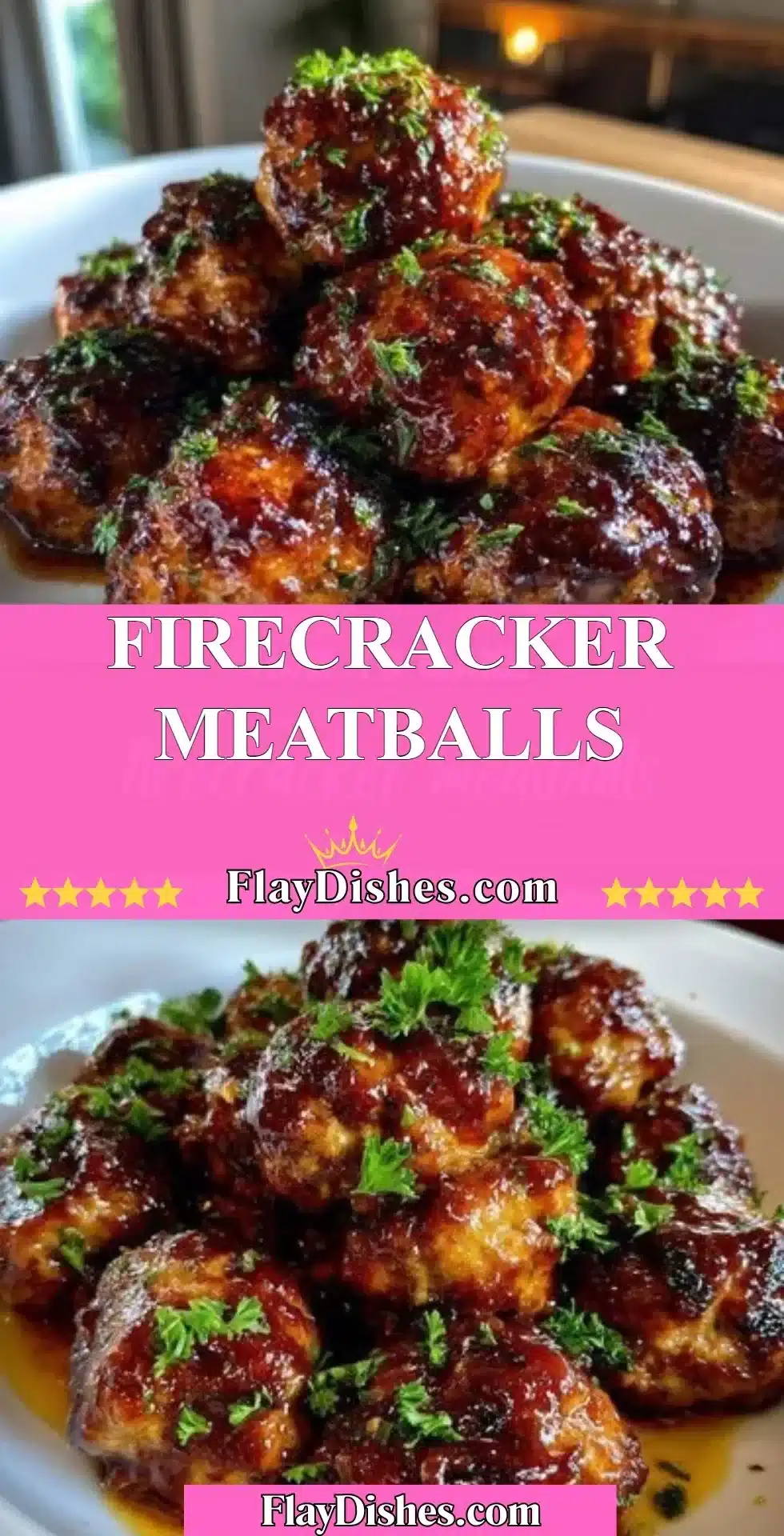 Delicious Firecracker Meatballs served on a plate with a spicy sauce.