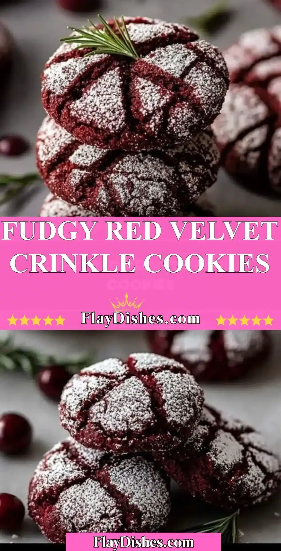 Fudgy red velvet crinkle cookies dusted with powdered sugar on a plate.