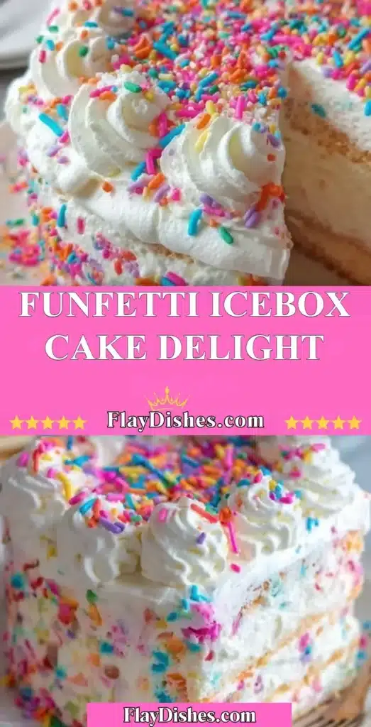 Delicious Funfetti Icebox Cake delight with colorful sprinkles and creamy layers.