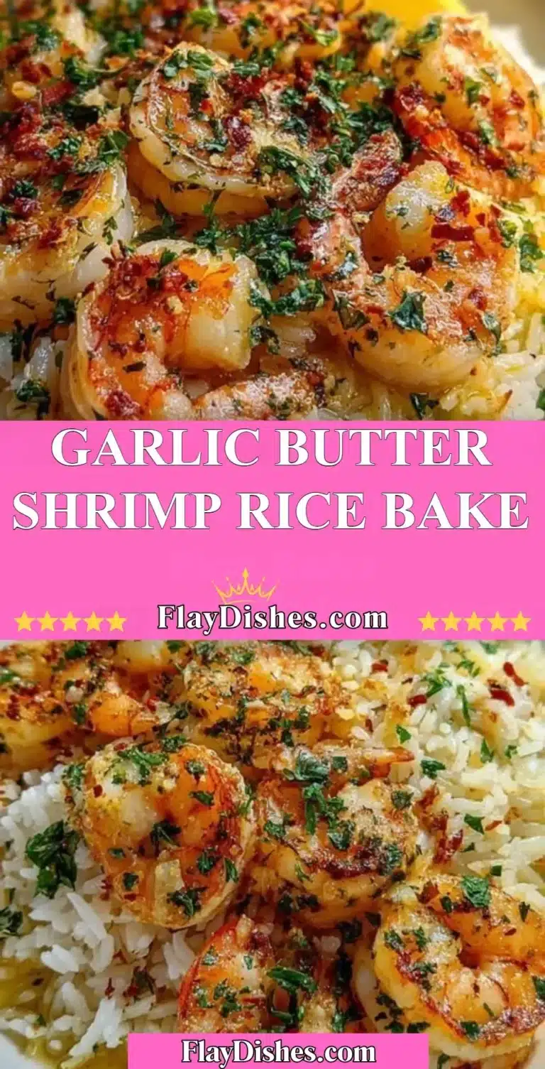 Garlic Butter Shrimp Rice Bake with herbs and spices in a serving dish