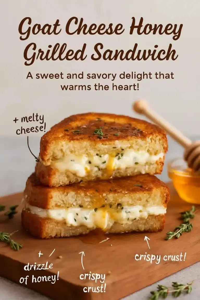 Grilled Goat Cheese Sandwich with honey on a plate garnished with herbs.