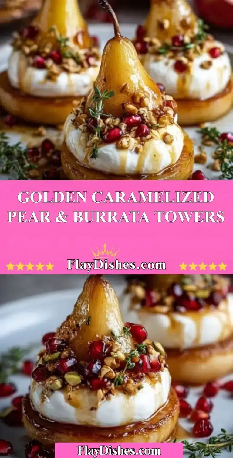 Golden caramelized pear and burrata towers showcasing a gourmet appetizer.