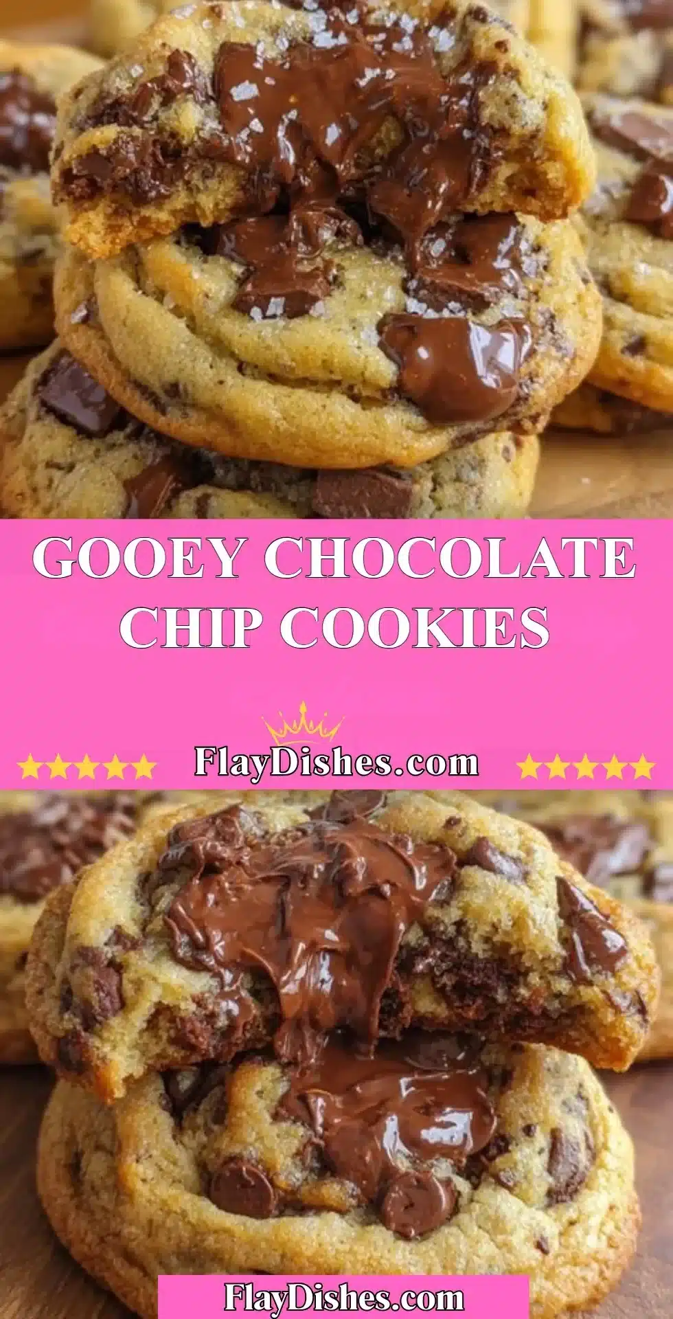Delicious gooey chocolate chip cookies stacked on a plate