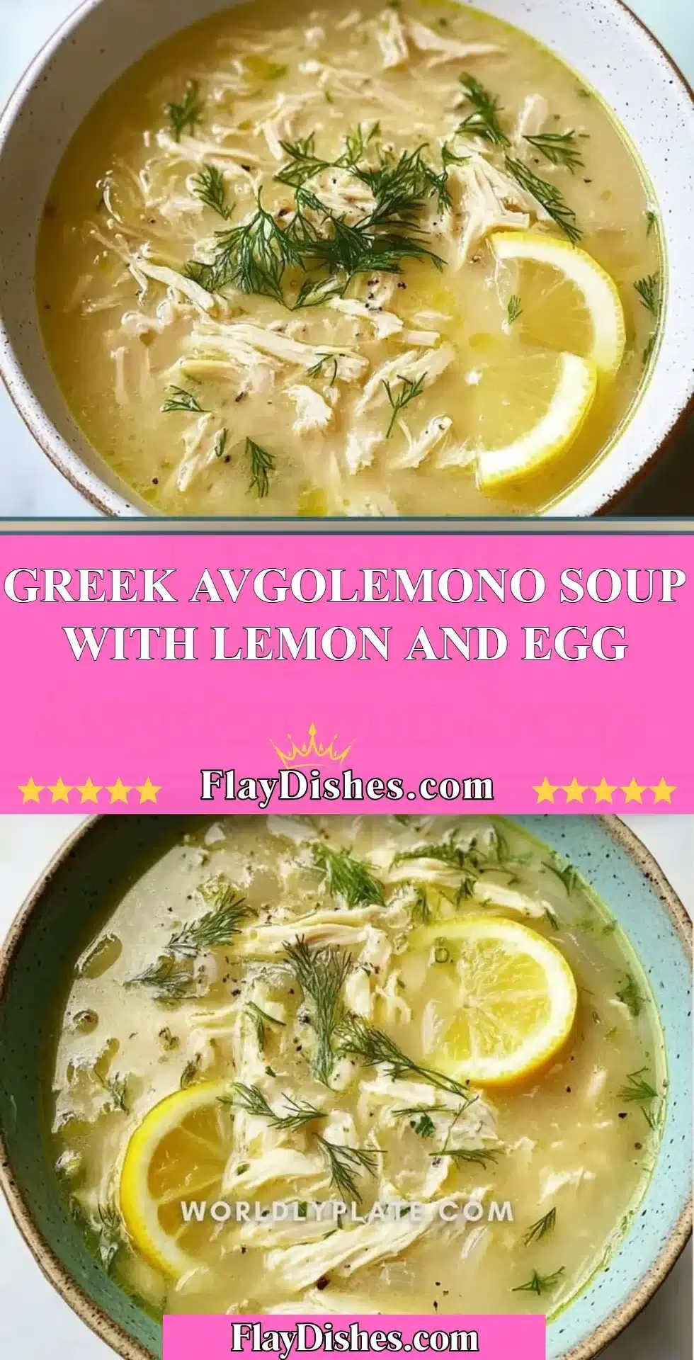 Bowl of Greek Avgolemono Soup with lemon and egg garnish