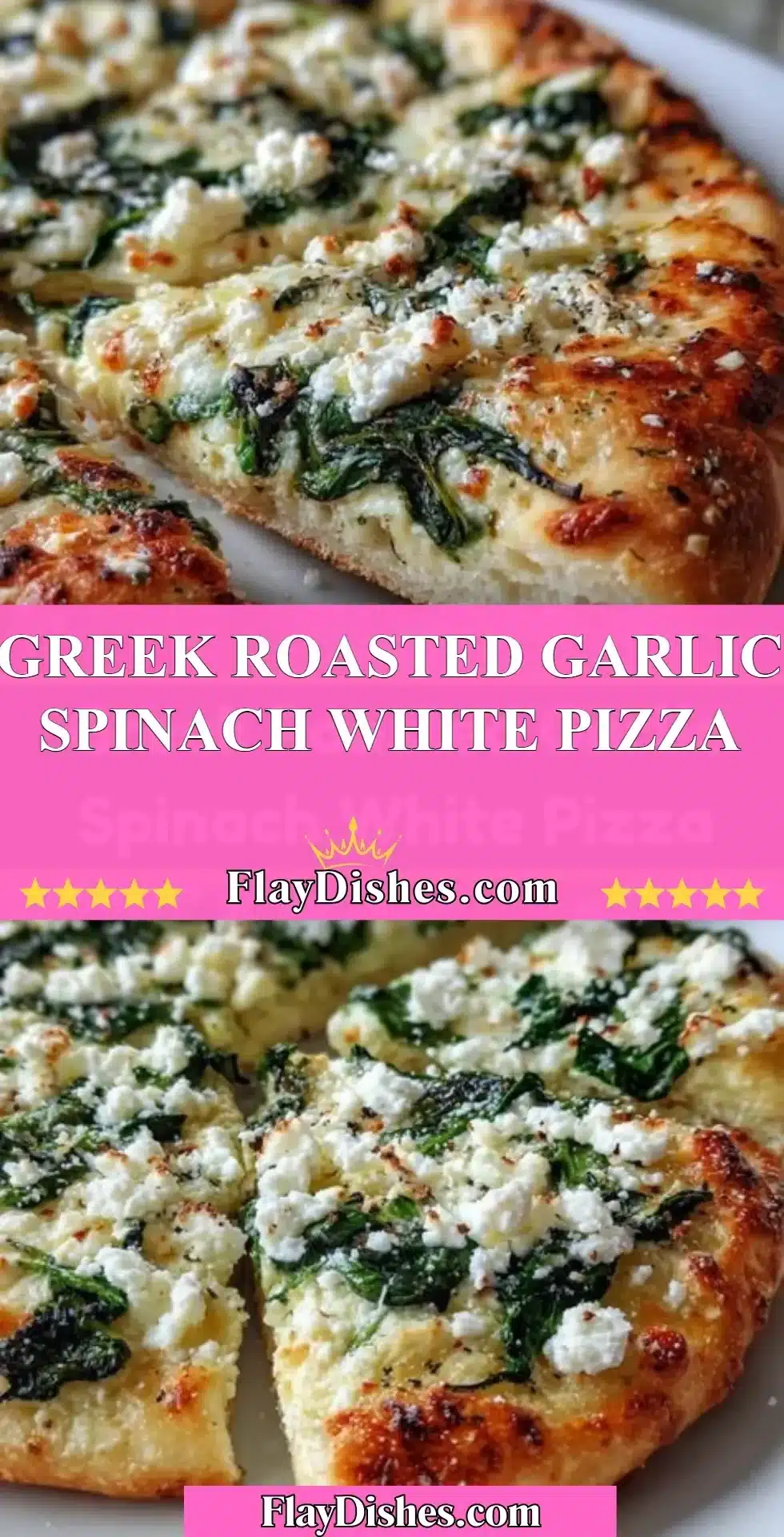Greek roasted garlic spinach white pizza with fresh ingredients and a golden crust.