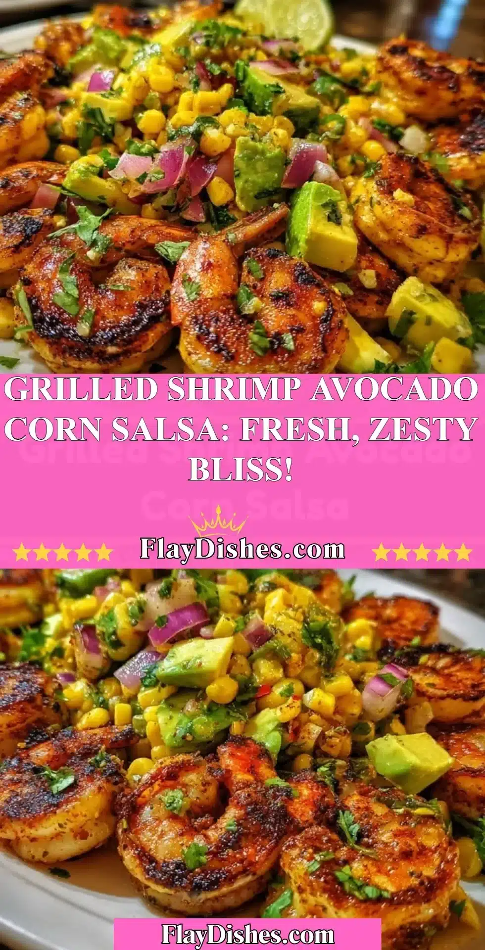 Grilled shrimp with avocado and corn salsa on a vibrant plate