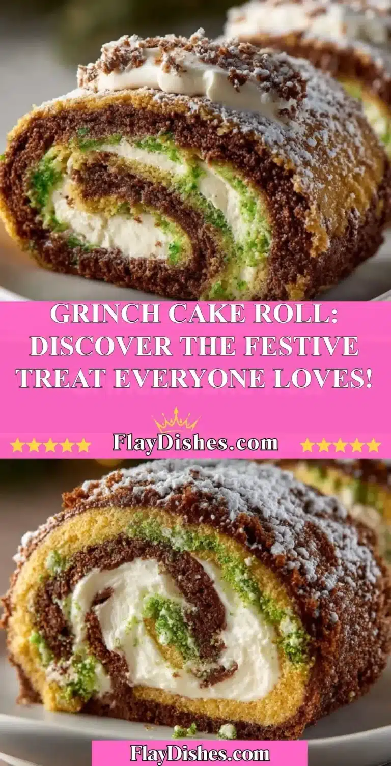 Festive Grinch Cake Roll dessert with green frosting and holiday decorations.