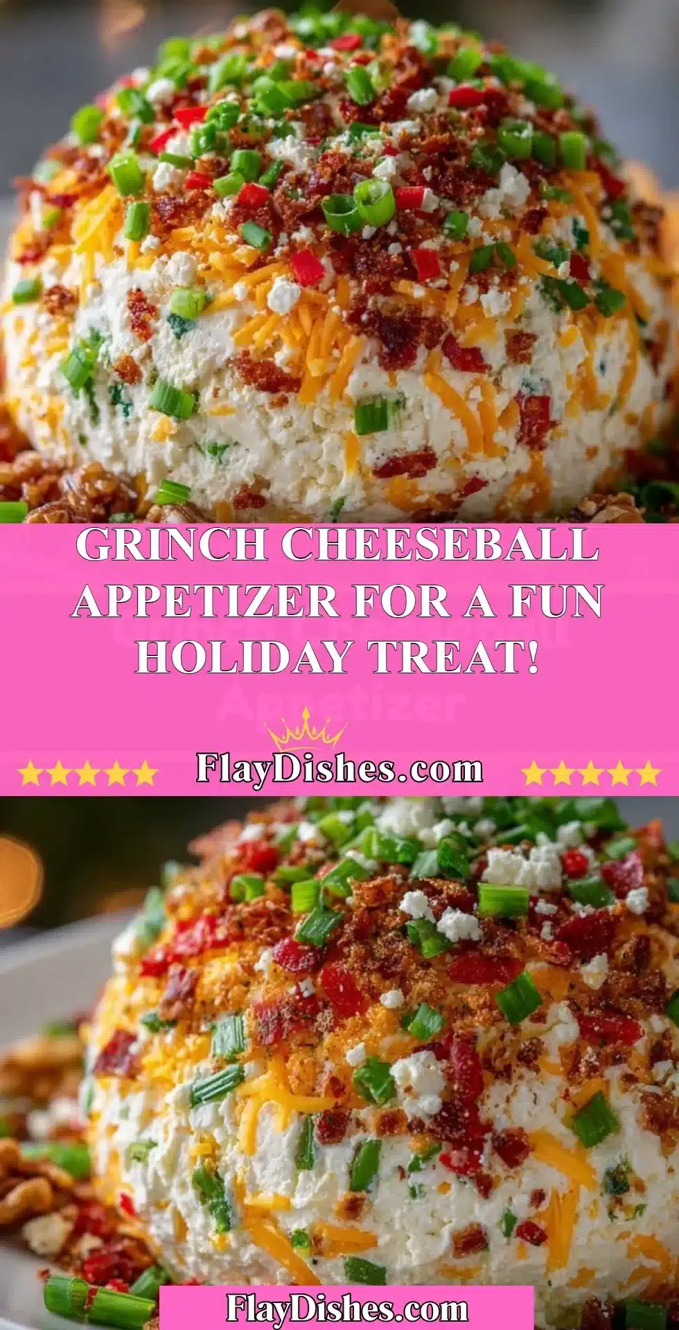 Fun Grinch cheeseball appetizer shaped like the Grinch for holiday celebrations.
