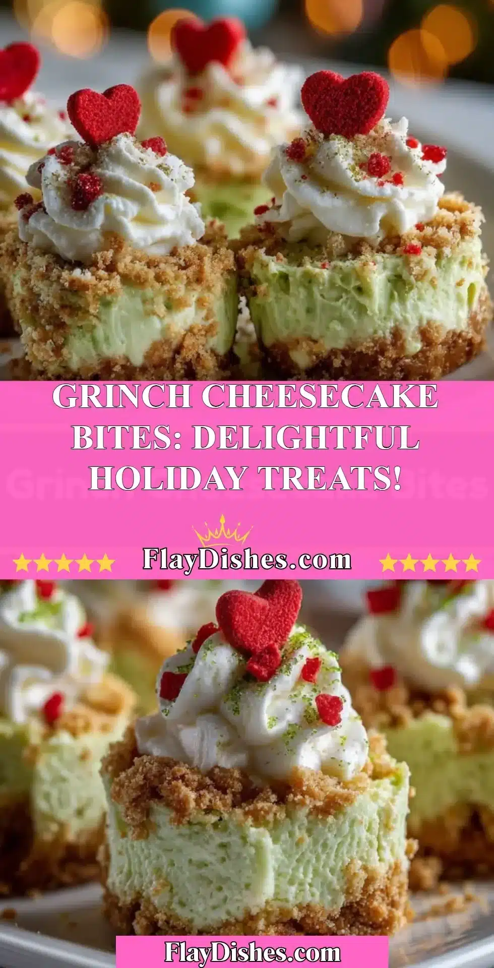 Delicious Grinch cheesecake bites decorated for the holidays