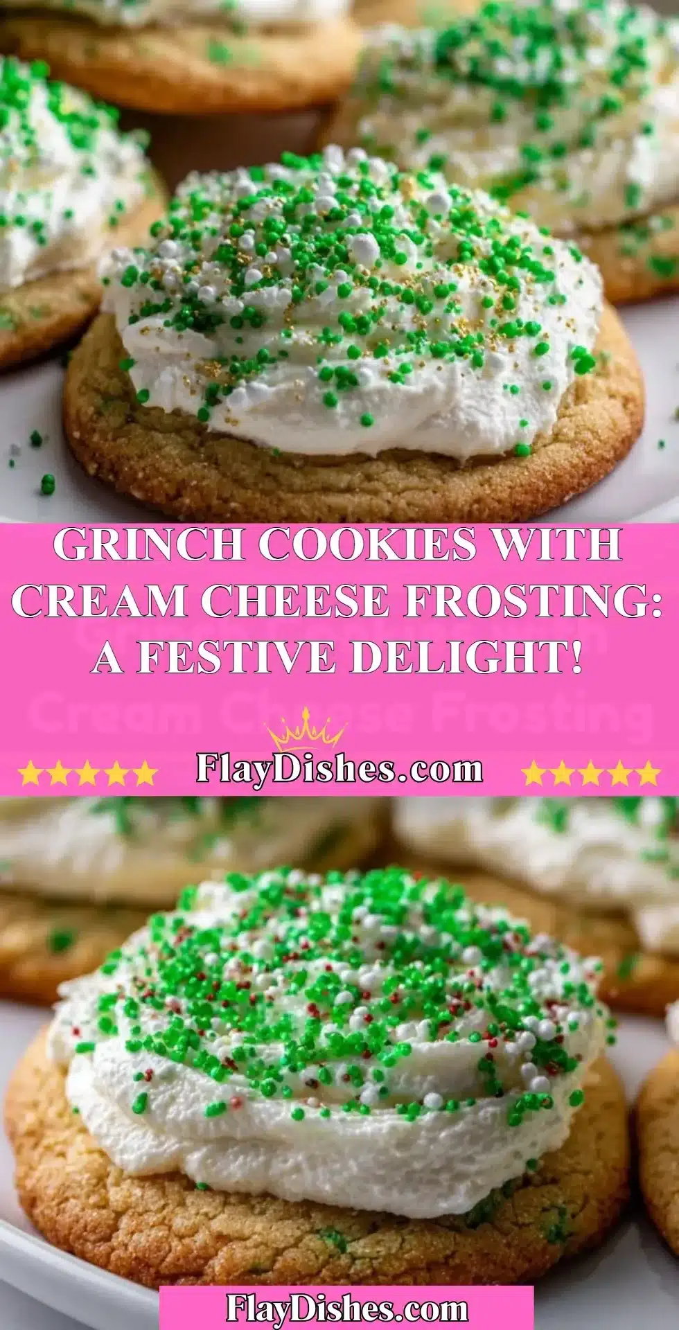 Festive Grinch Cookies decorated with cream cheese frosting for the holidays
