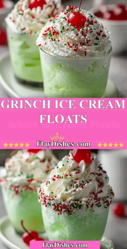 Festive Grinch Ice Cream Floats served in green and red cups