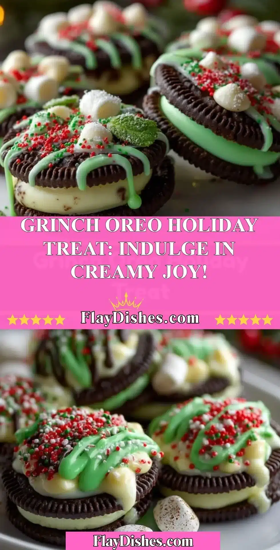 Grinch Oreo holiday treat with festive green cream filling and chocolate cookie exterior.