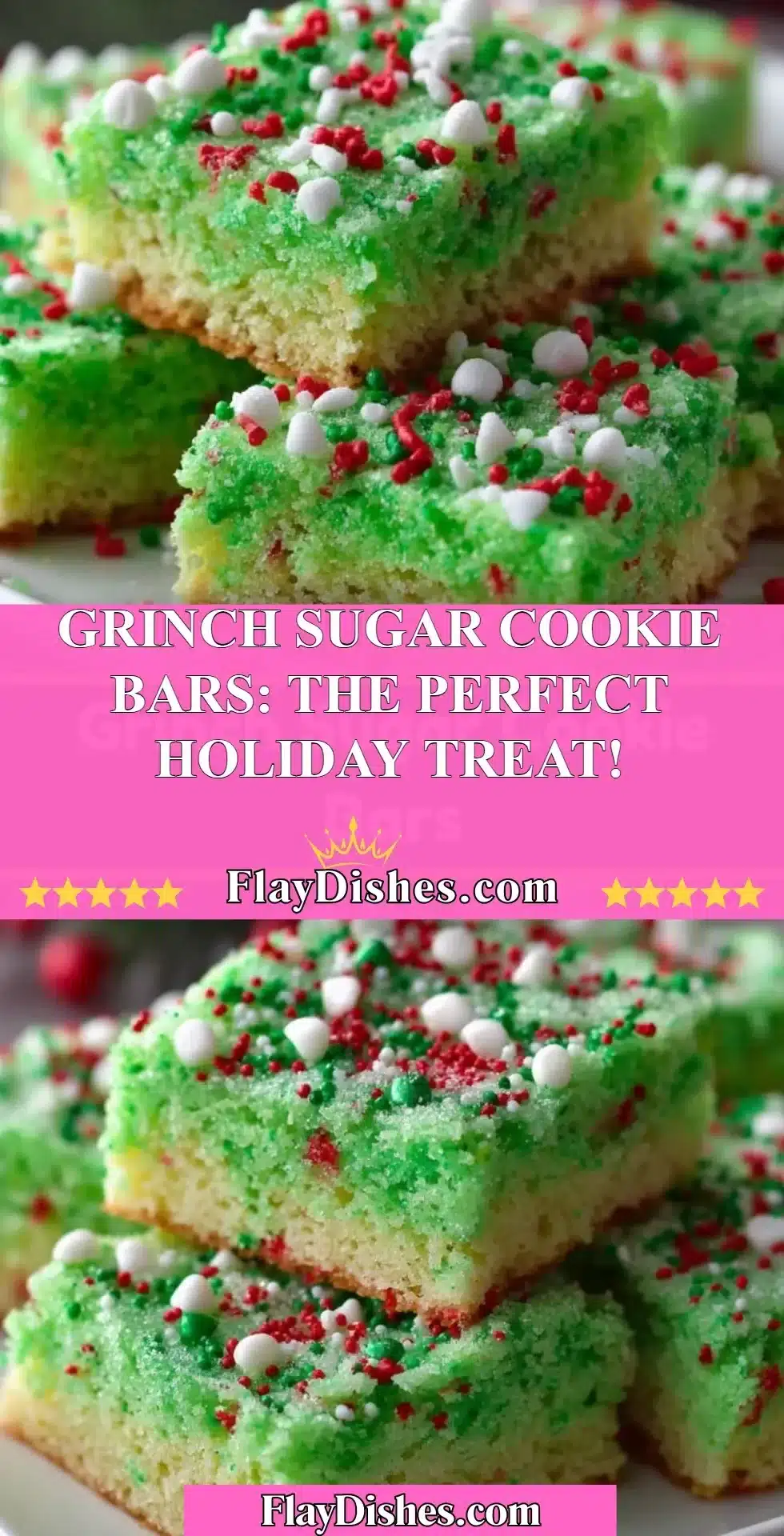 Delicious Grinch Sugar Cookie Bars decorated for the holiday season