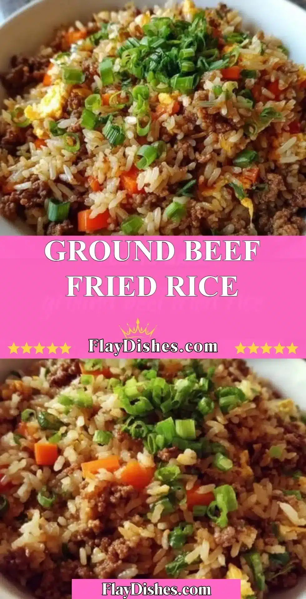Plate of ground beef fried rice with colorful vegetables