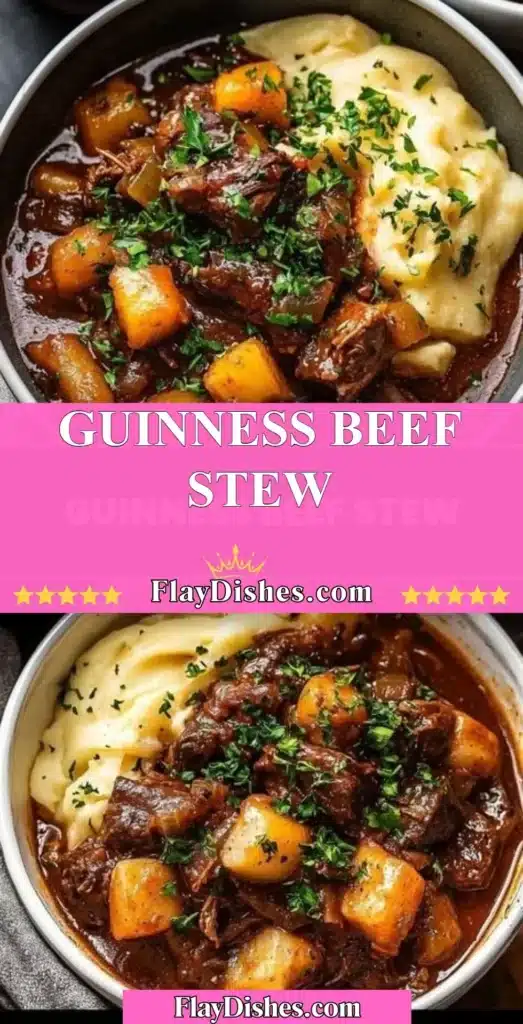 A pot of delicious Guinness Beef Stew simmering with vegetables and herbs