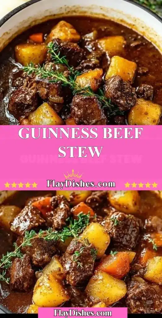 Delicious bowl of Guinness beef stew topped with herbs and served with crusty bread.