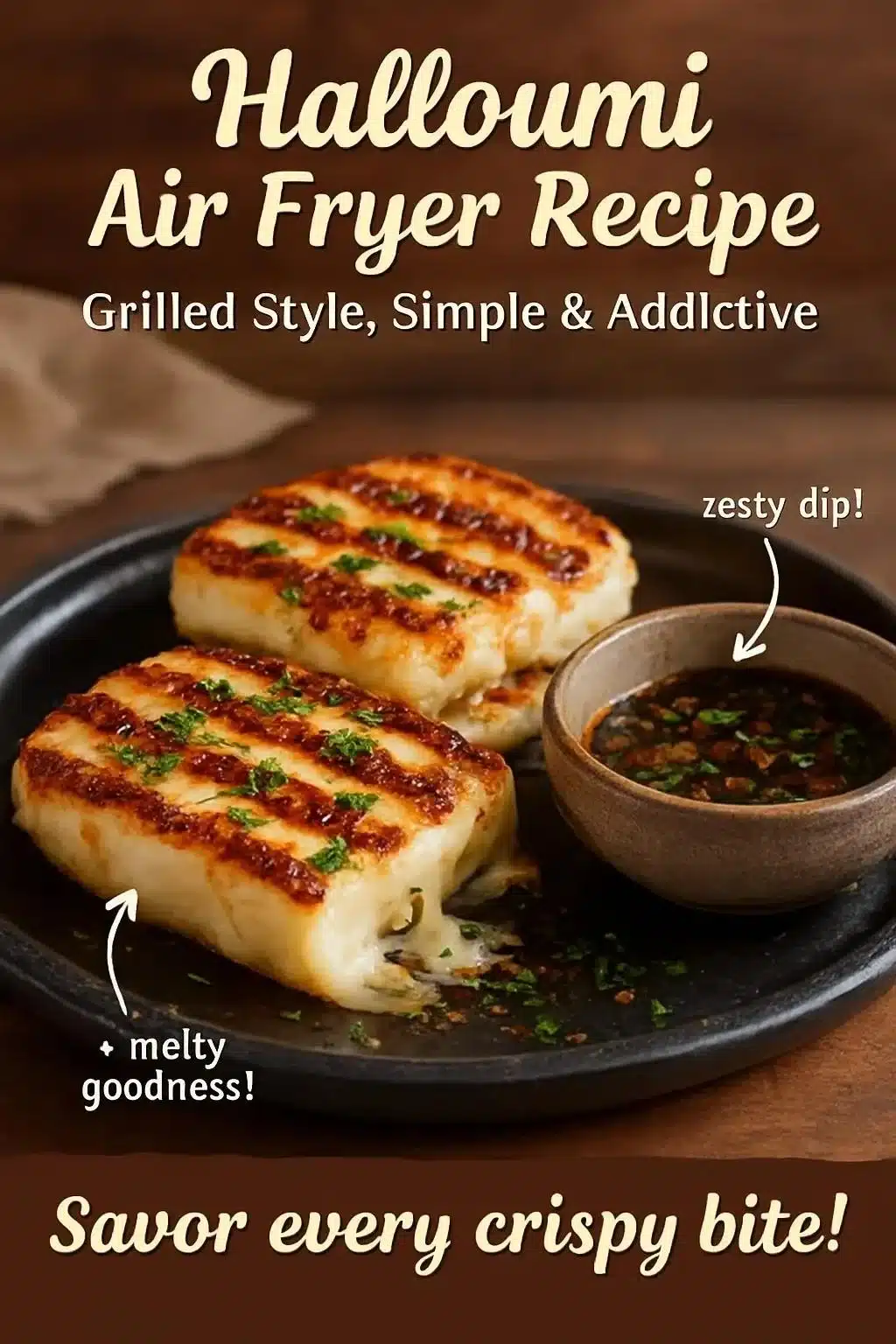 Crispy grilled halloumi cheese cooked in an air fryer, served on a plate