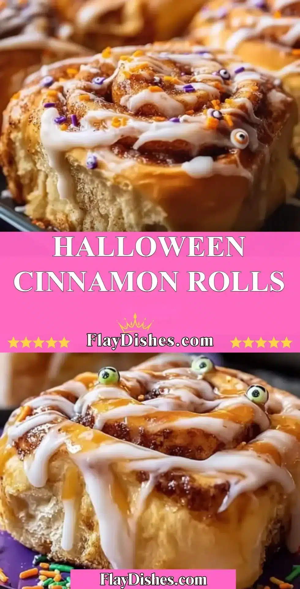 Festive Halloween cinnamon rolls decorated with orange icing and spooky sprinkles