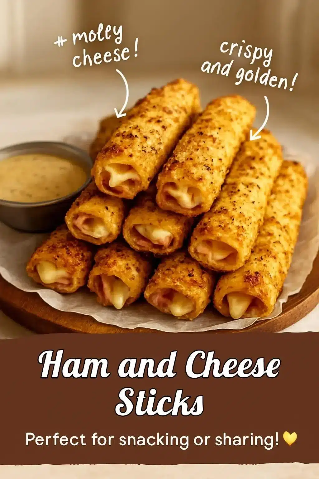 Delicious ham and cheese sticks served on a platter