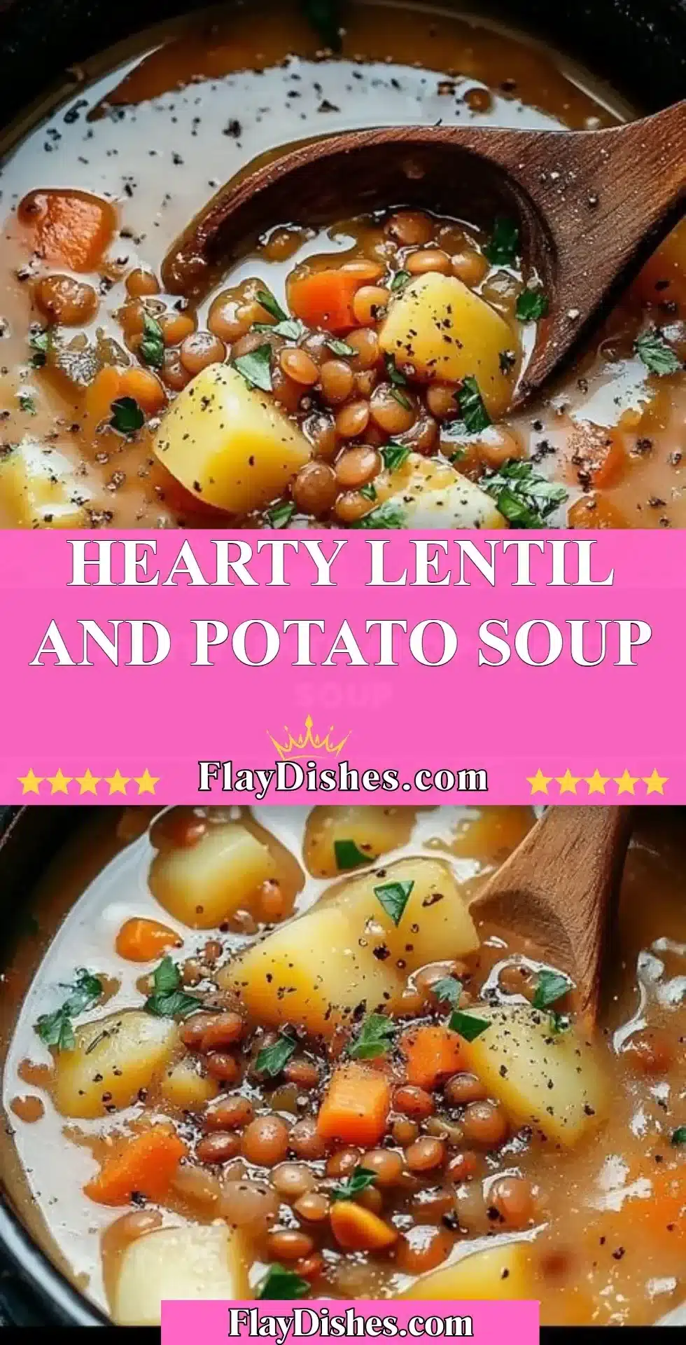 Bowl of hearty lentil and potato soup garnished with herbs
