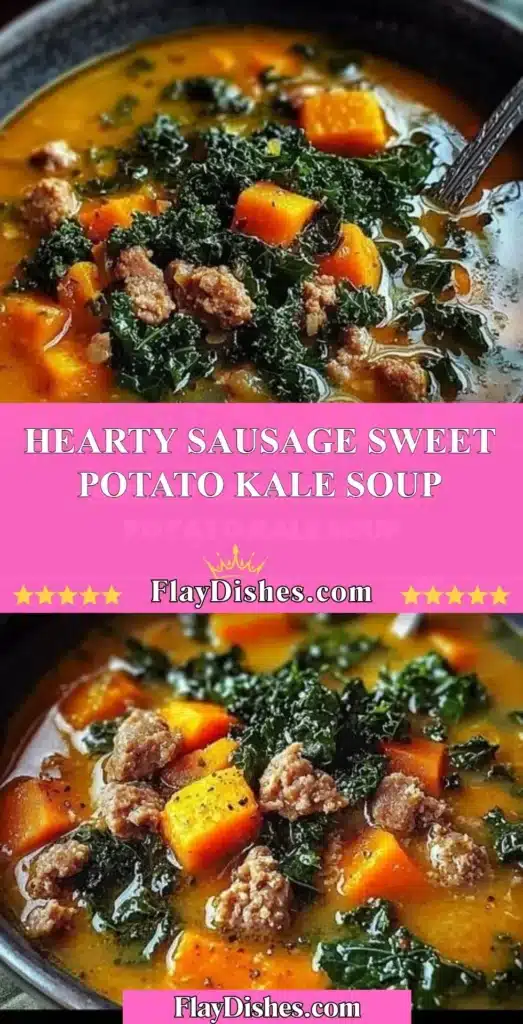 Bowl of hearty sausage sweet potato kale soup with fresh ingredients.