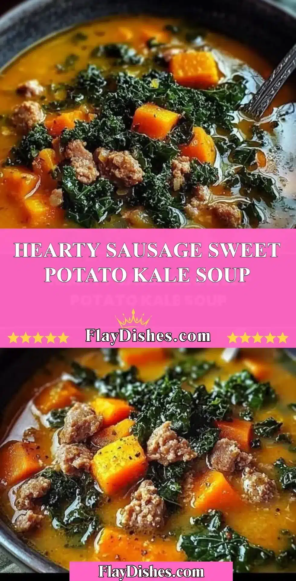 Bowl of hearty sausage sweet potato kale soup with fresh ingredients.