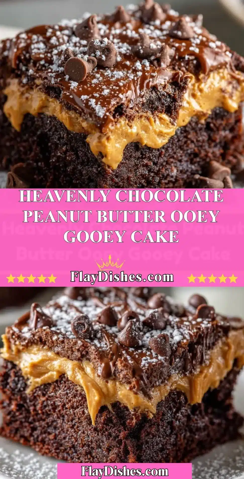 Heavenly chocolate peanut butter ooey gooey cake with creamy frosting and chocolate drizzle