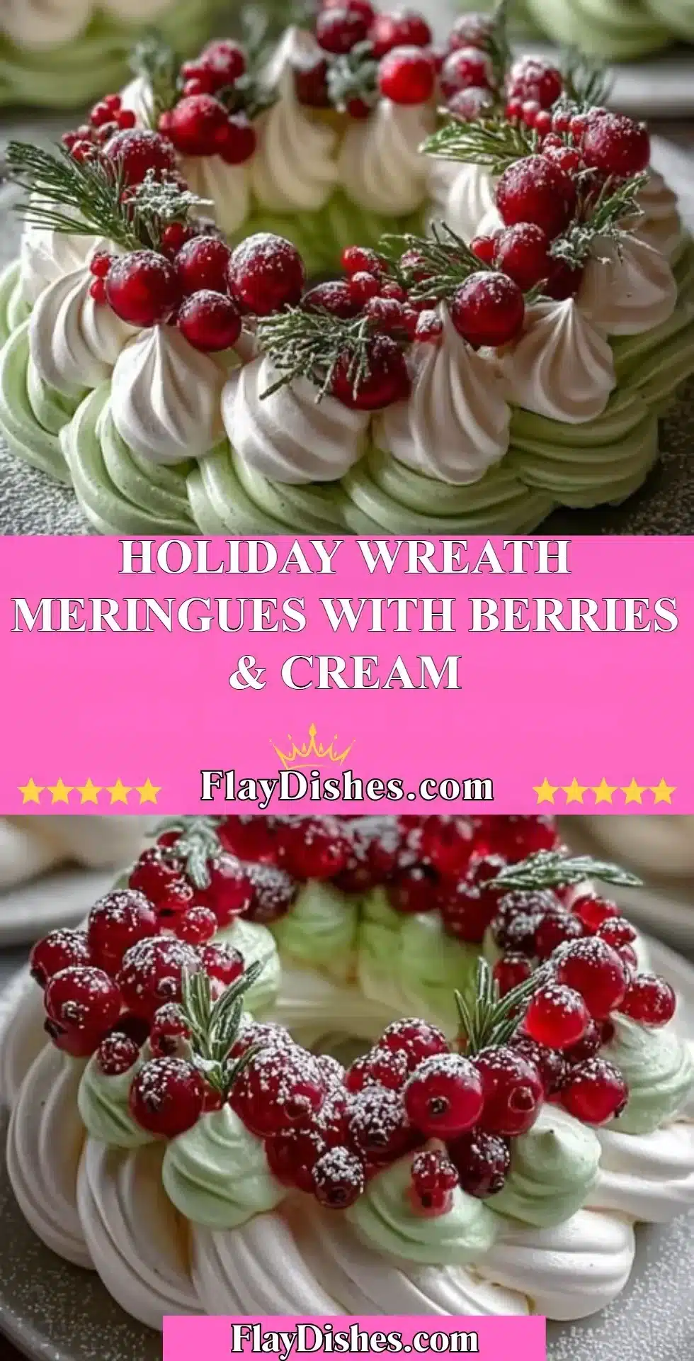 Holiday wreath meringues decorated with berries and cream for festive occasions.