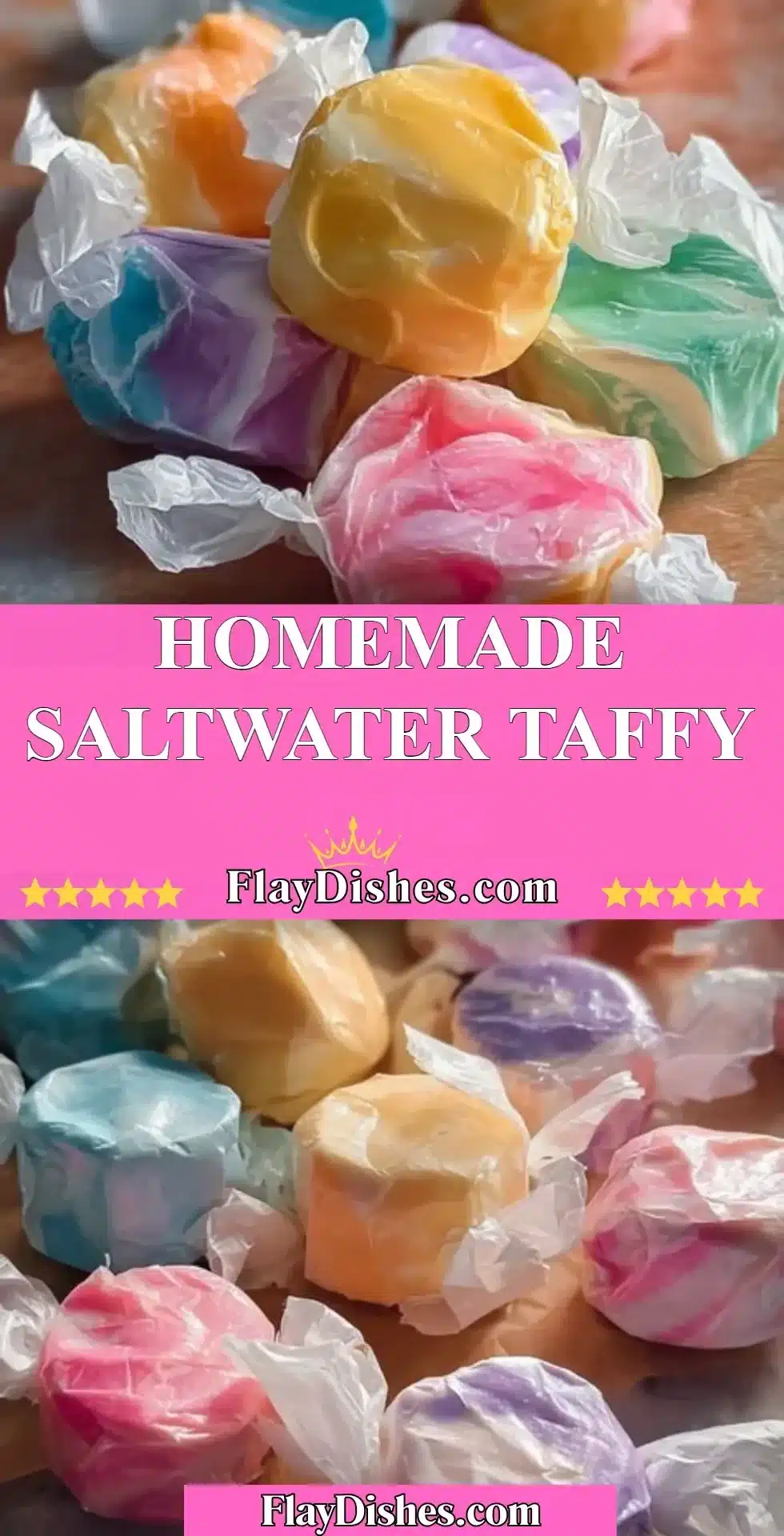 Delicious homemade saltwater taffy in various flavors on a wooden surface