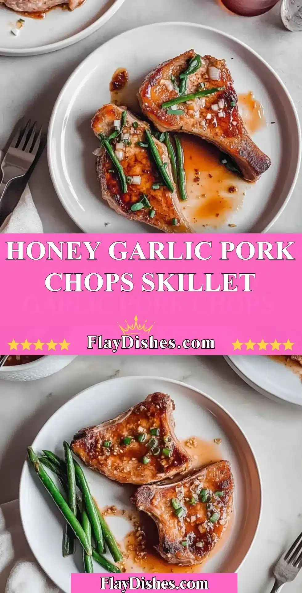Delicious honey garlic pork chops cooked in a skillet with fresh herbs.