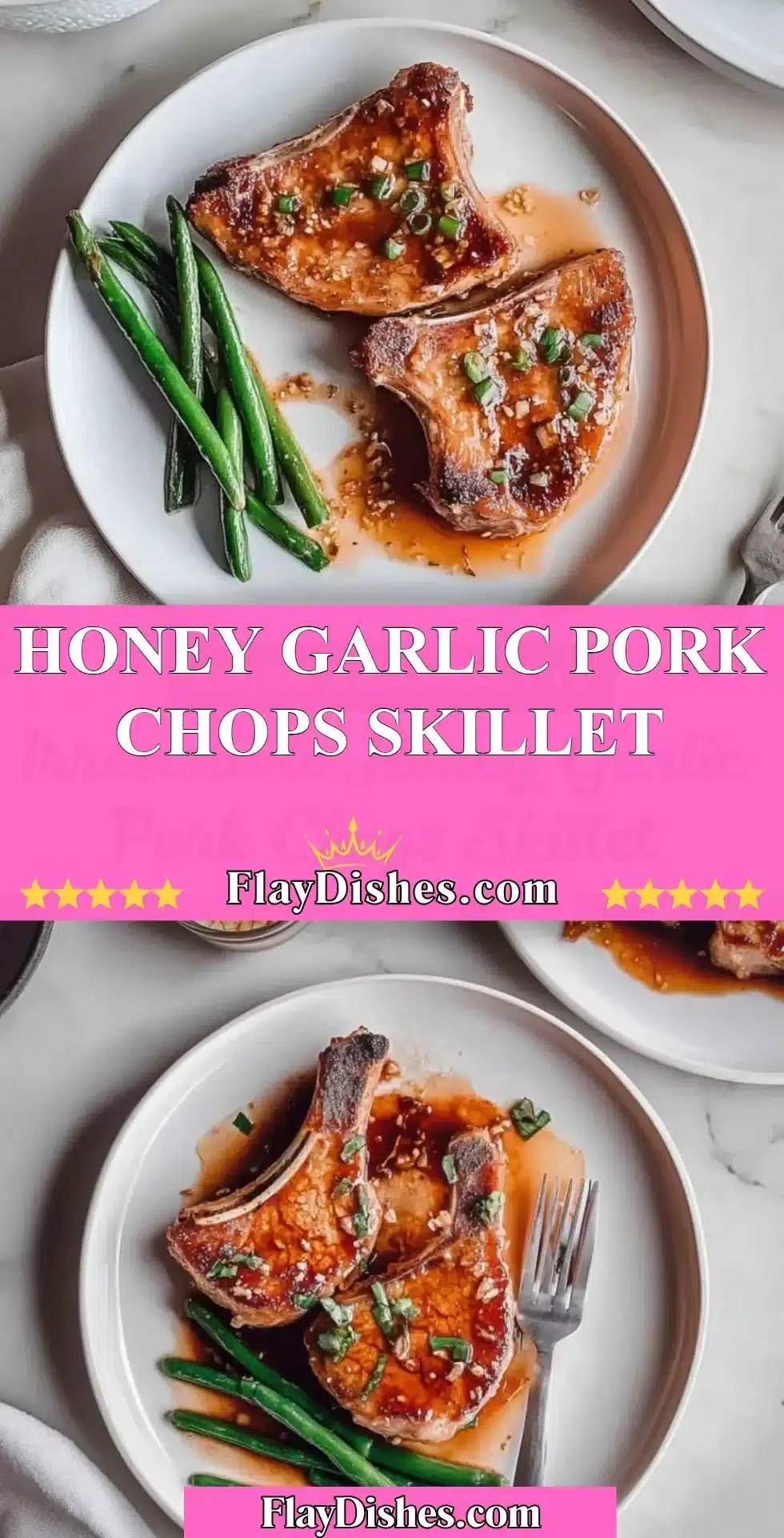 Skillet cooked honey garlic pork chops with vegetables on a rustic wooden table.
