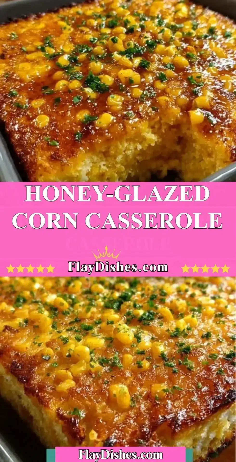 Delicious honey-glazed corn casserole served in a dish