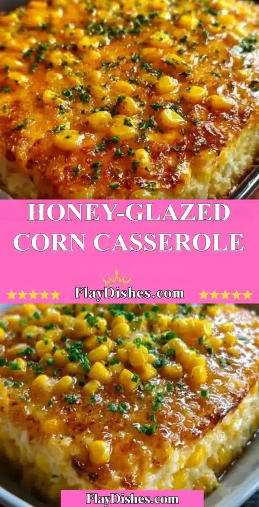 Sweet and savory Honey-Glazed Corn Casserole served in a baking dish