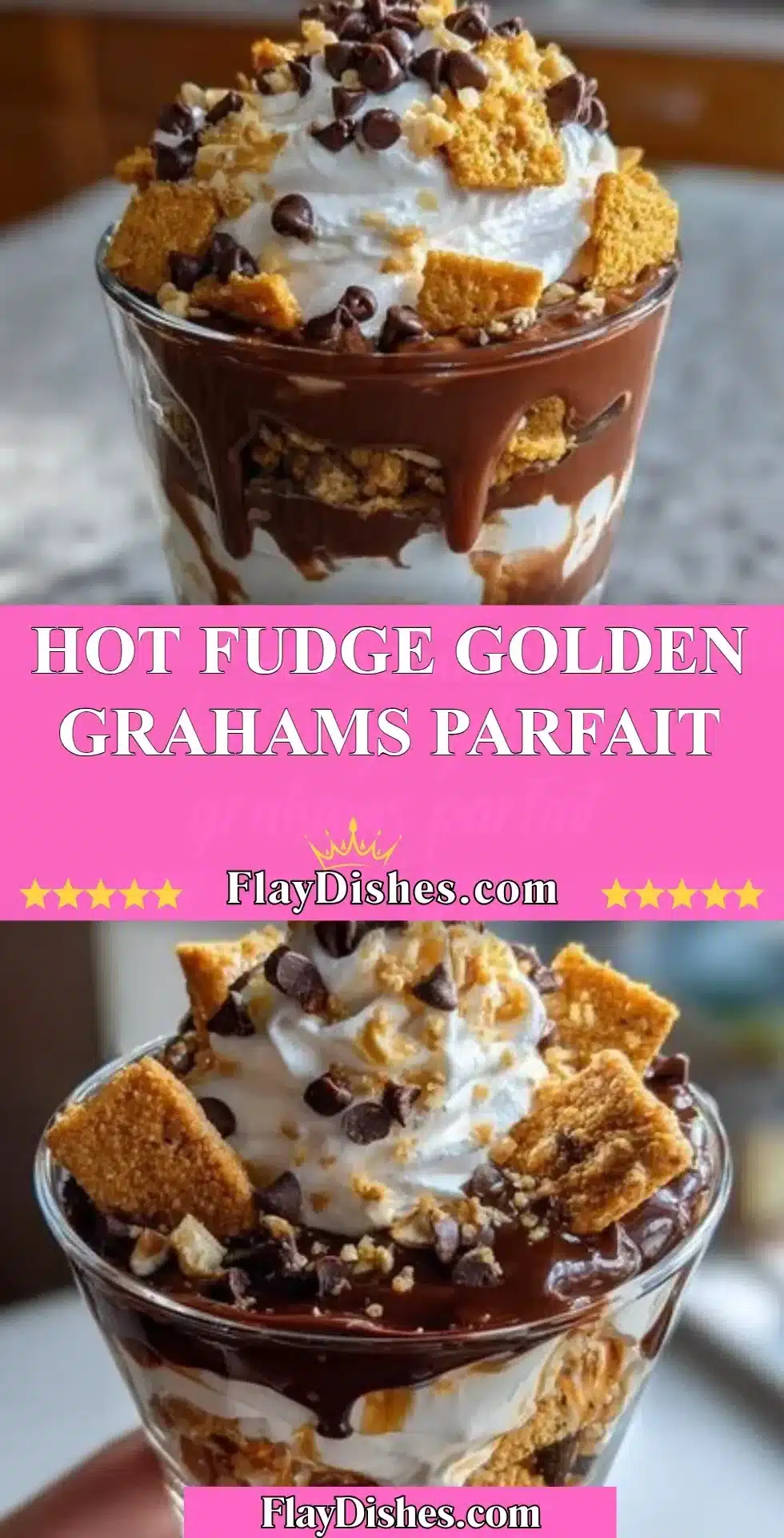 Decadent Hot Fudge Parfait with Golden Grahams layered in a glass dish.