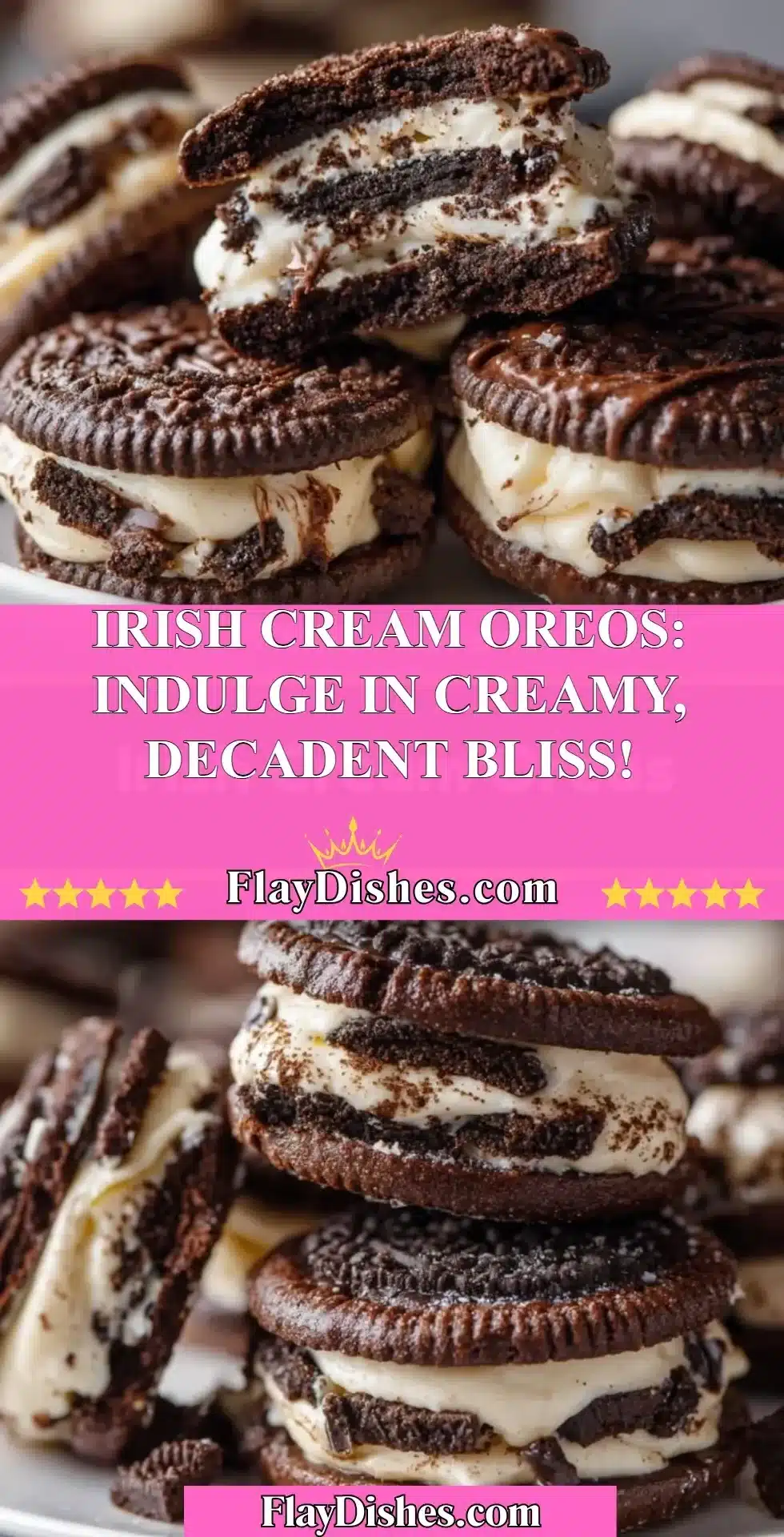 Delicious Irish Cream Oreos with creamy filling and chocolate cookies.