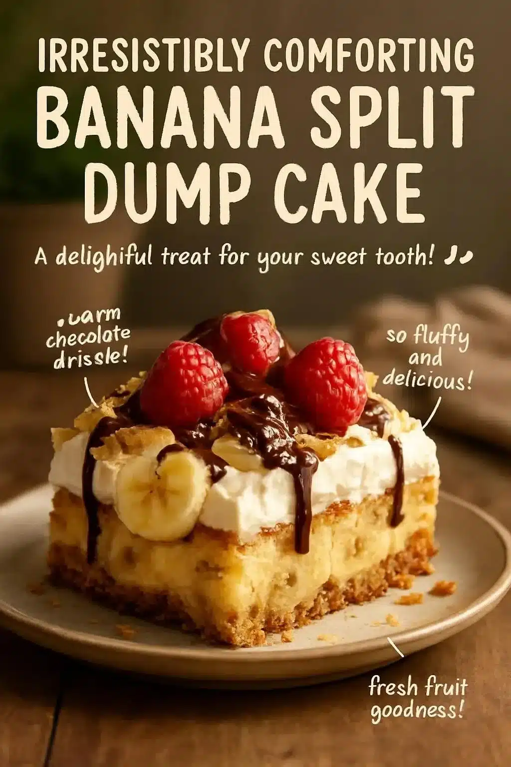 Delicious banana split dump cake topped with whipped cream and cherries