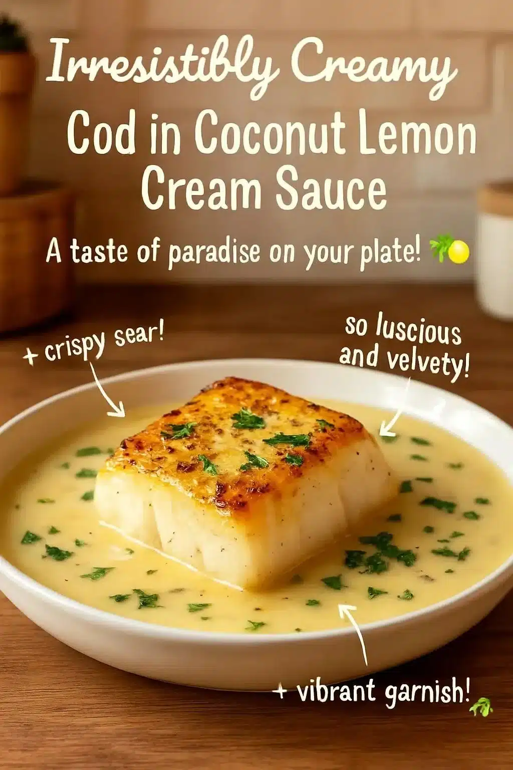 Creamy cod fillet in coconut lemon cream sauce served with herbs