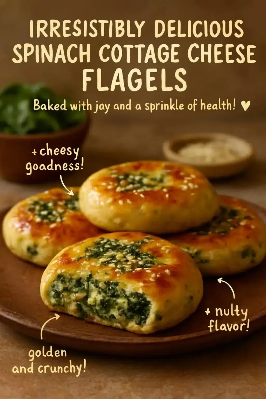 Freshly baked spinach cottage cheese bagels topped with herbs and seeds