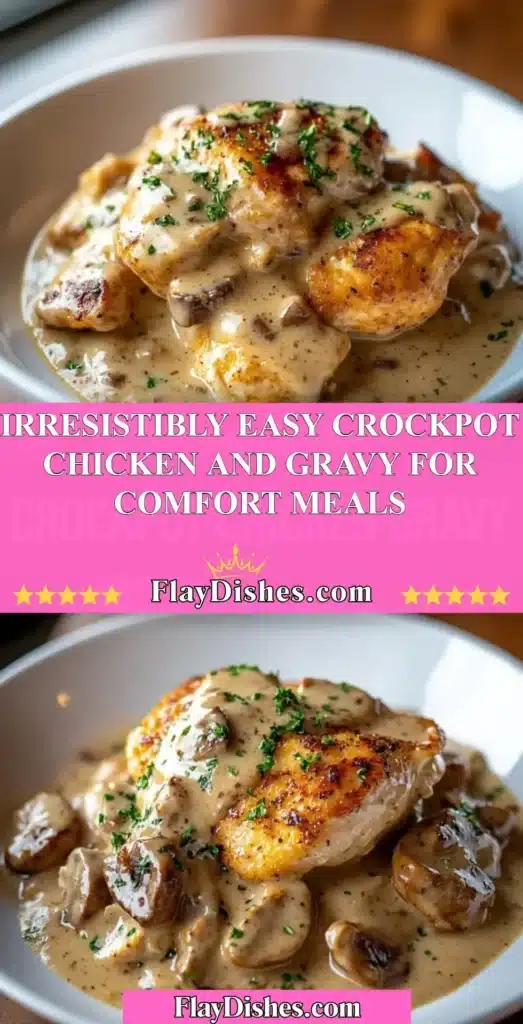 Slow-cooked crockpot chicken served with rich gravy for cozy meals.