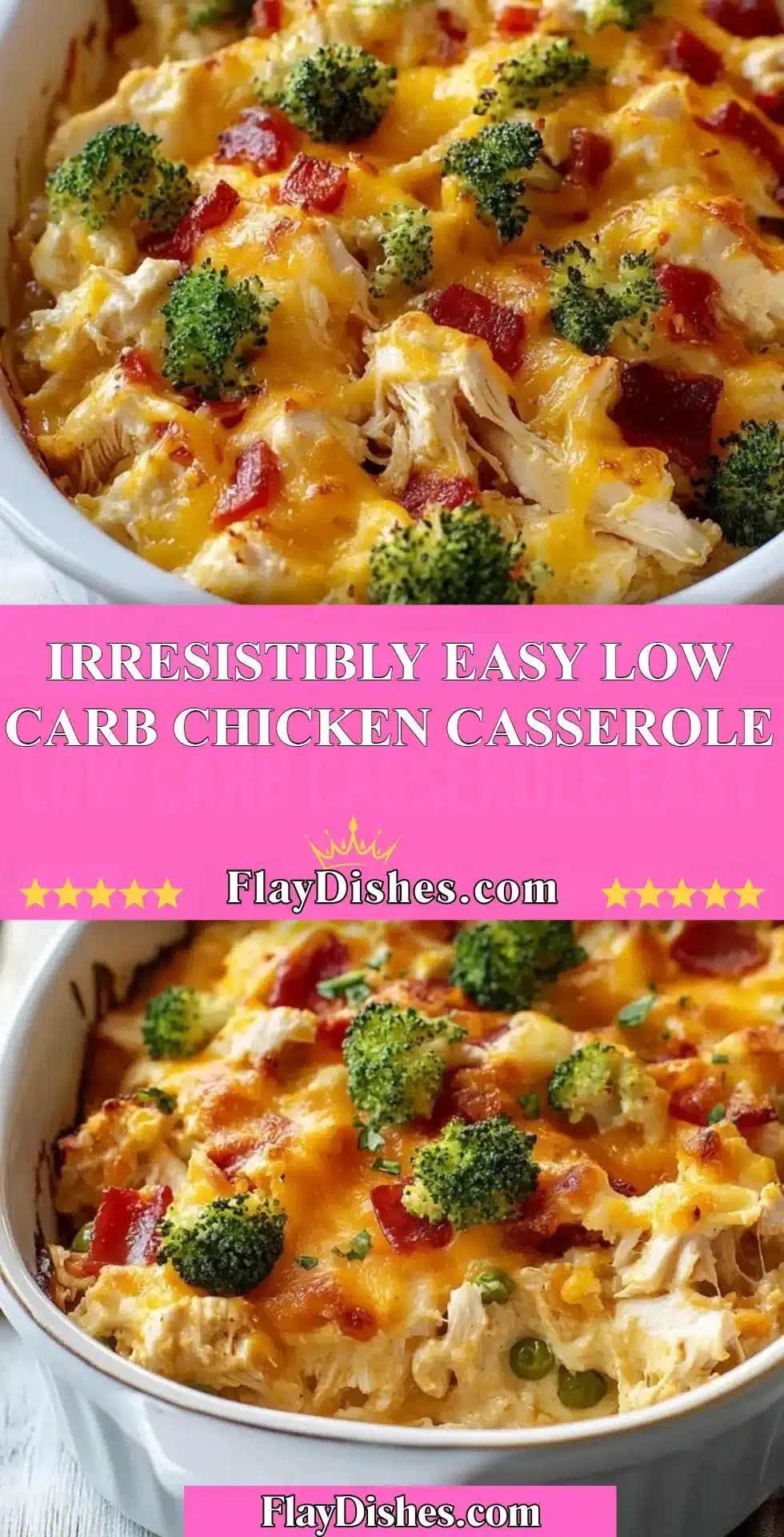 Delicious low carb chicken casserole topped with cheese and vegetables