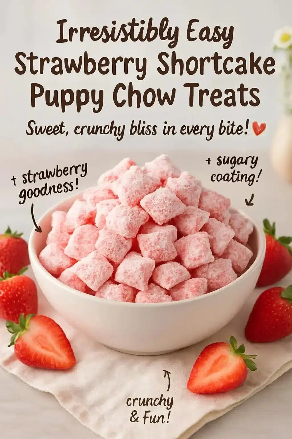 Easy strawberry shortcake puppy chow treats with strawberries and whipped cream