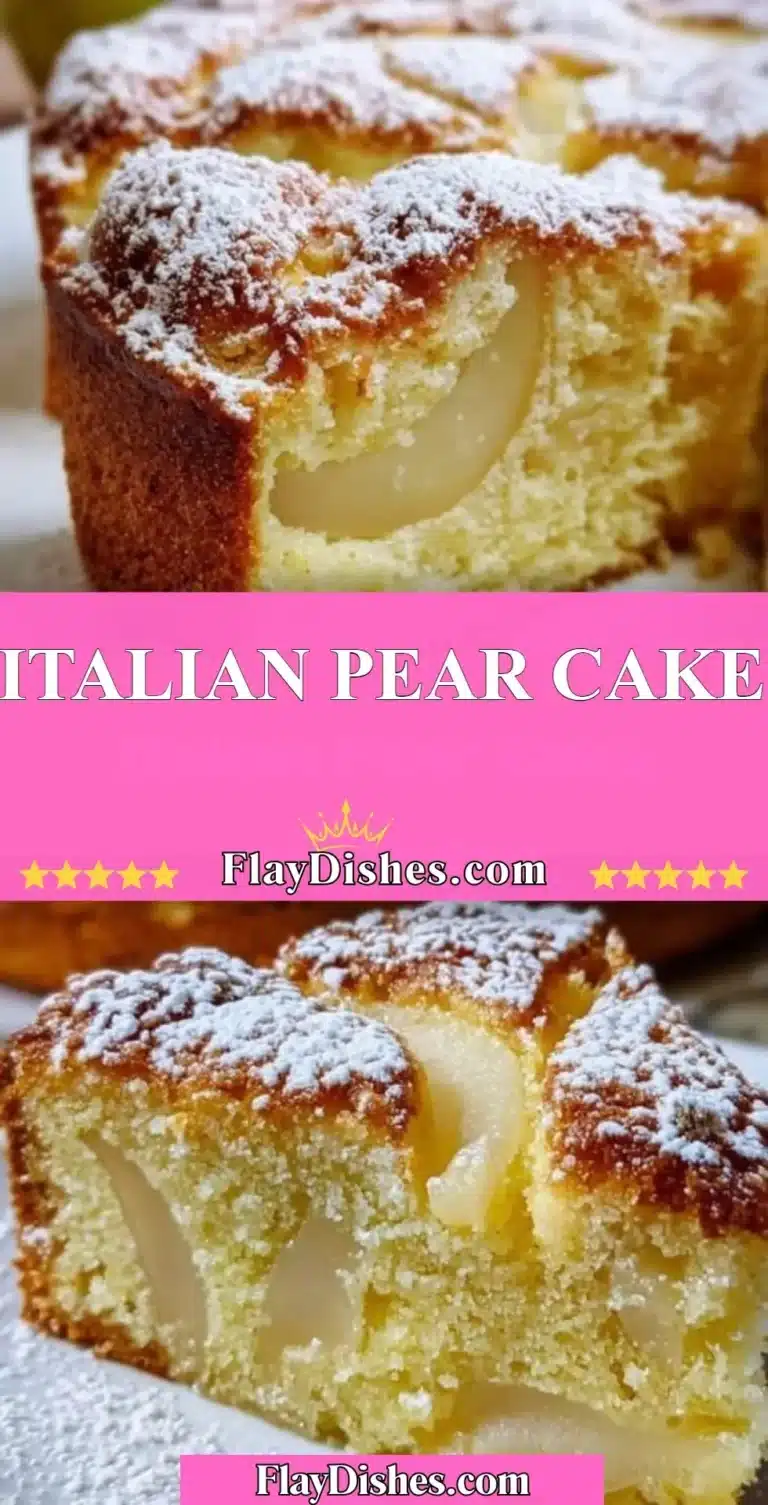 Slice of Italian Pear Cake topped with fresh pears and powdered sugar