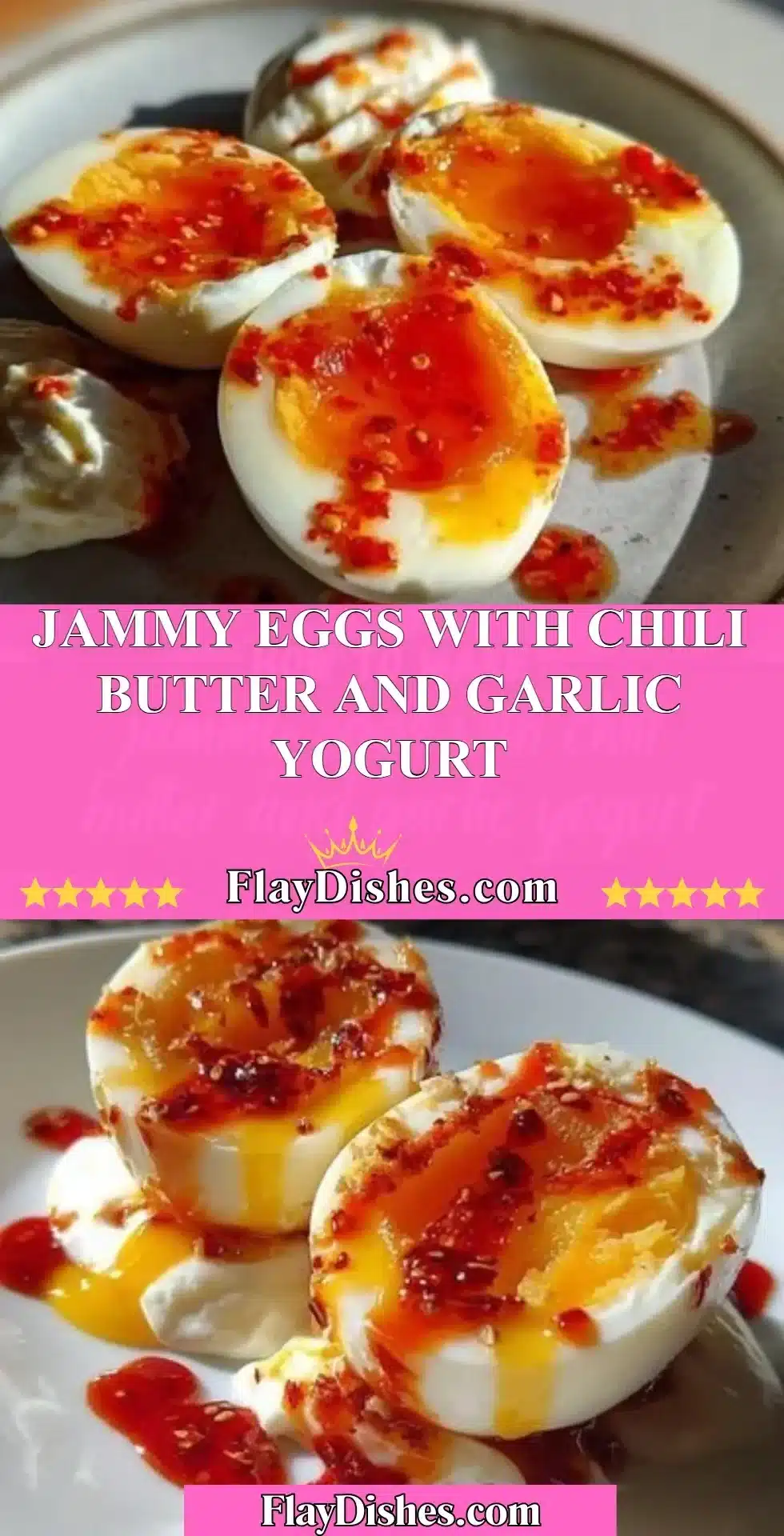 Delicious jammy eggs served with chili butter and garlic yogurt topping