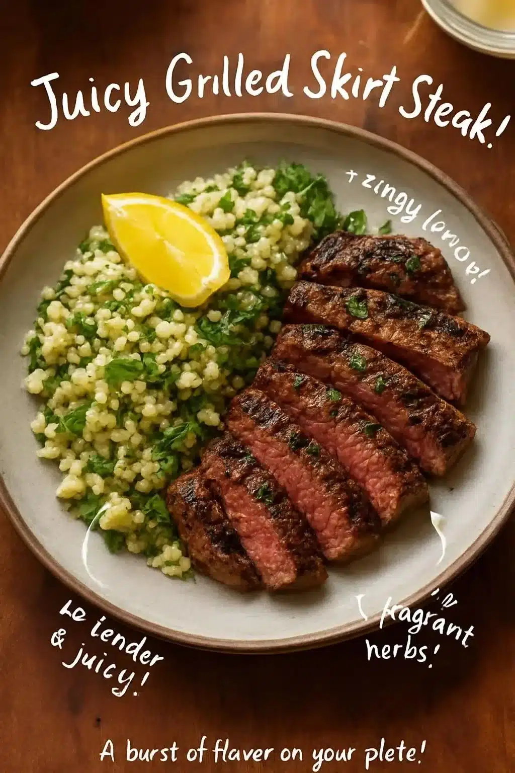 Juicy grilled skirt steak served with lemon herb couscous.