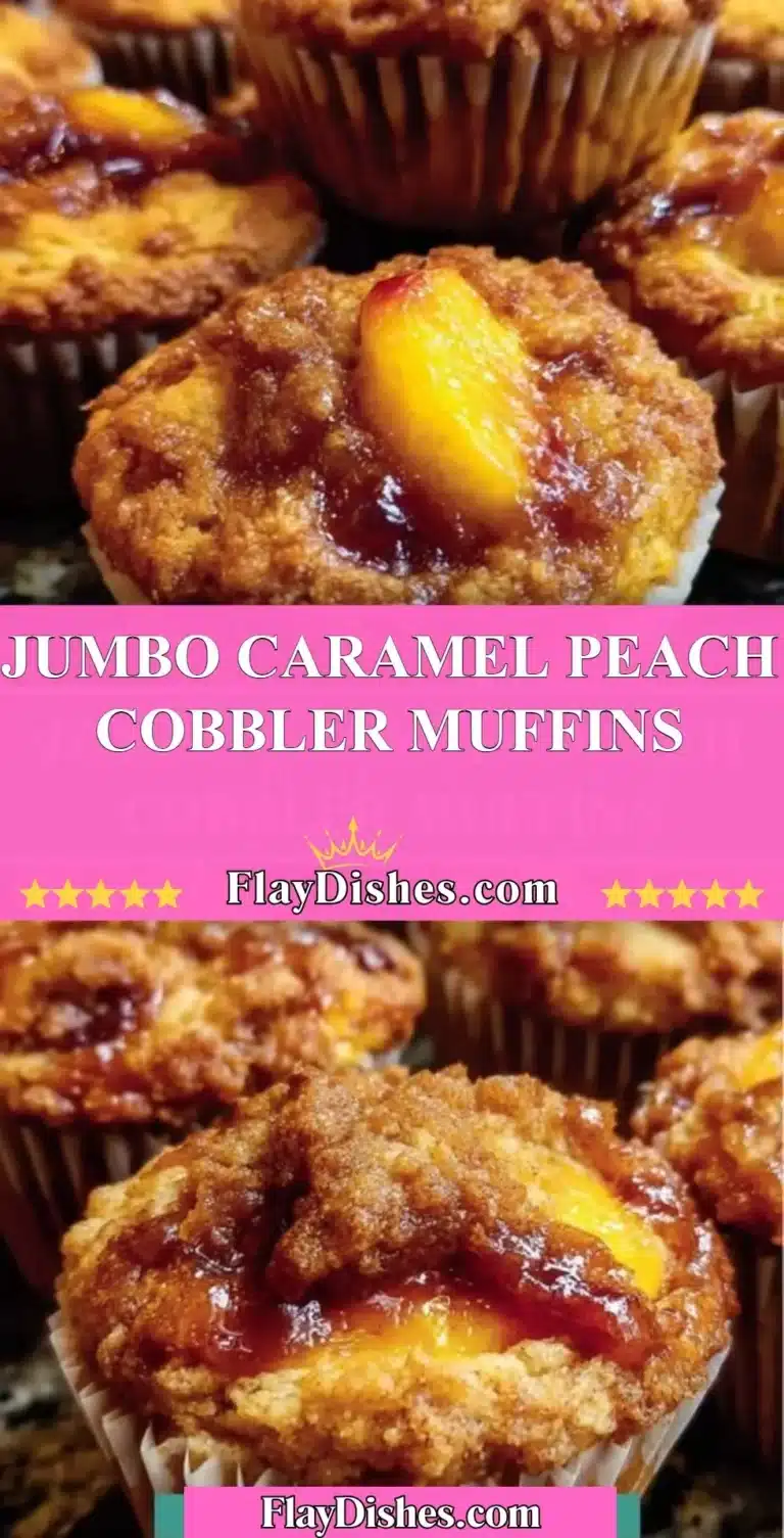Jumbo caramel peach cobbler muffins topped with caramel sauce and fresh peaches
